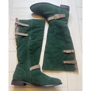 TWIGGY LONDON Hunter Green & Tan Suede Leather‎ 2 Zipper Boots W/ Buckles. 6.5 M